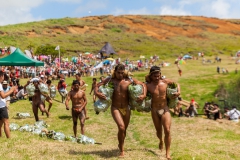 Tapati Rapa Nui - "Triathlon" am Rano Raraku - zweite Diziplin: Bananenstaude um den See tragen